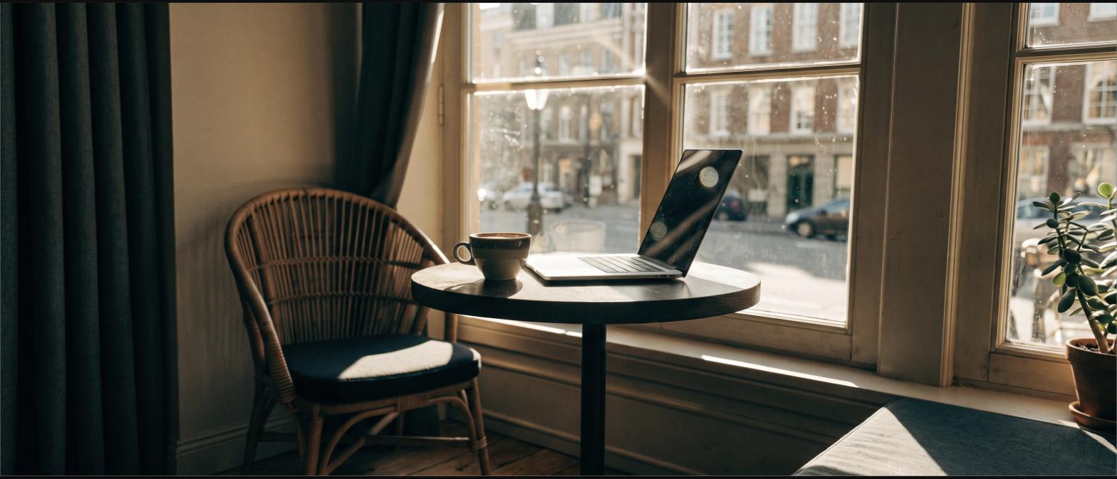 An open laptop and coffee cup on a small cafe table by a window