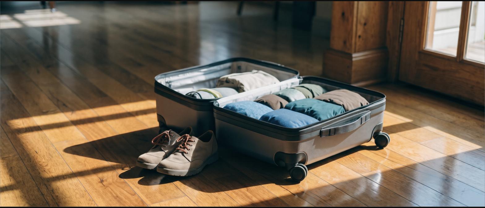 An open carry-on suitcase packed with rolled clothes and packing cubes